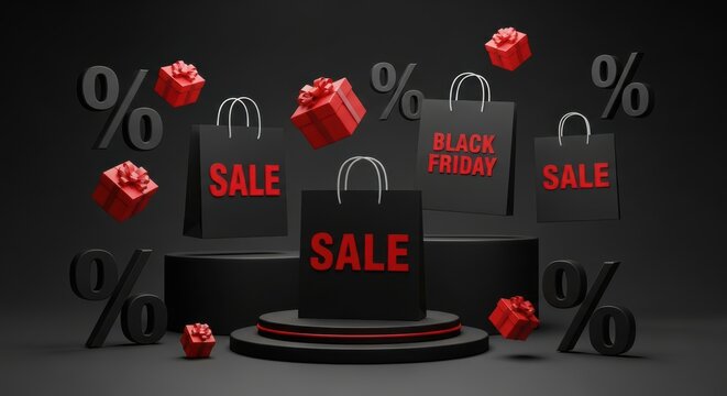 Black friday sale concept with gift boxes, shopping bags, and percentage signs on a dark background, promoting holiday shopping deals