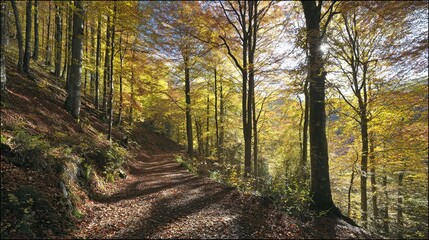Obraz premium Autumn forest path with colorful trees and fallen leaves, sunlit, in scenic woodland landscape, wide view, copy space.