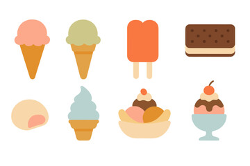 Ice cream treats featuring different flavors and styles on a simple background