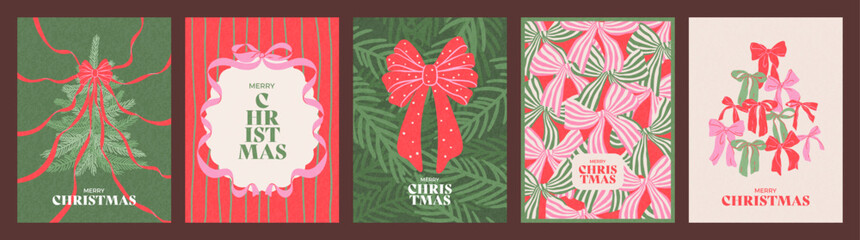 Fototapeta na wymiar Hand drawn cards set of Merry Christmas and Happy New Year. Vintage concept with gift bows, Christmas tree, texture. Minimalist trendy design for poster, cover, social media, banner, invitation