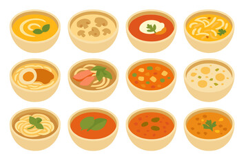 Delicious variety of bowls filled with different types of soup displayed on a light background