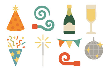 Colorful party symbols display festive elements like hats, streamers, and drinks celebrating special occasions and gatherings