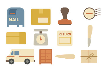 Collection of postal and shipping items in a simple design showing various delivery elements and tools used for mailing packages