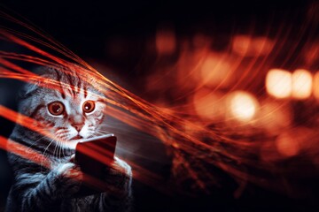 Adorable cat clings to phone in mysterious night. Communication revolution. The evolution of communication begins with advanced tech systems. New tech paths. Advanced tech trends.