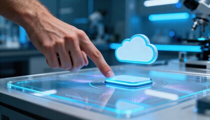 Digital Innovation: A futuristic depiction of cutting-edge technology, showcasing a person's interaction with a digital cloud, symbolizing data storage and technological advancement.
