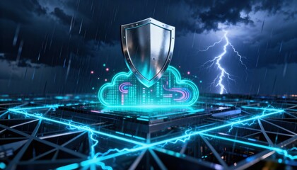 Digital Shield in the Storm: A vibrant digital shield, symbolizing data protection, glows brightly amidst a stormy digital landscape.