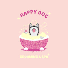 Dog grooming. Design for grooming salon.
Happy puppy in the bath. Cute happy dog. 
Color vector illustration in cartoon flat style.	