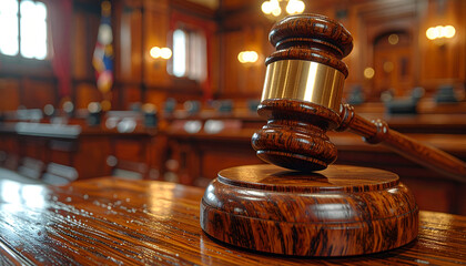 Wooden Gavel on Sound Block in Courtroom, Justice, Law, Legal, Judgement