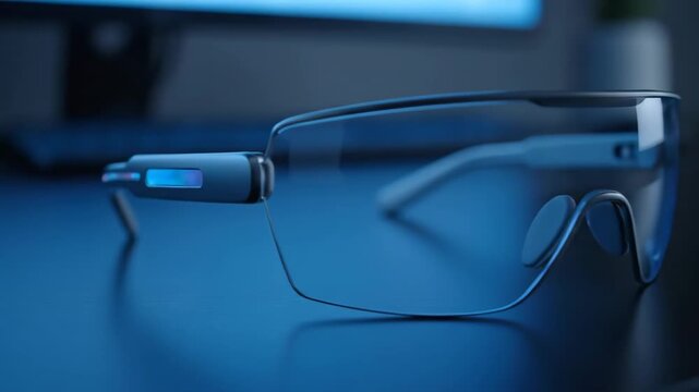 Smart Glasses Displayed on a Desk in a Blue Hued Environment