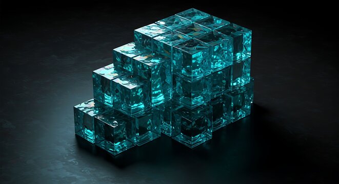Abstract arrangement of translucent turquoise cubes on dark surf