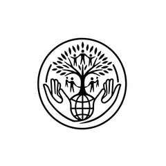 Hands holding a globe with a tree and people illustration  