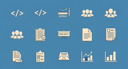Illustration of project management icons including coding design and teamwork on a blue background