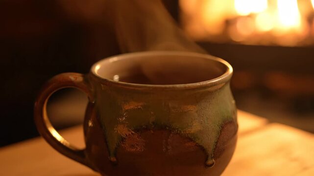 A steaming mug of coffee in front of a warm fireplace