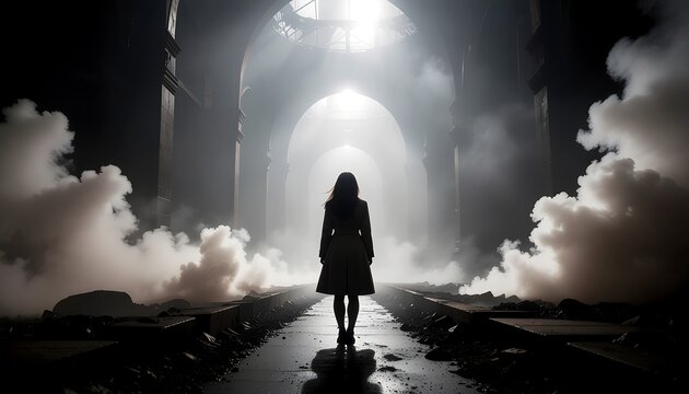 Woman silhouette in smoky tunnel with arches and bright light. - Powered by Adobe