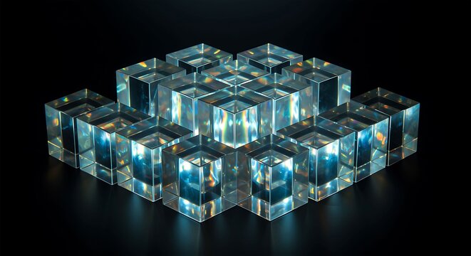 Abstract arrangement of transparent cubes on a black background
