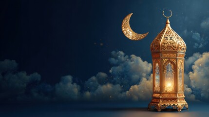 ornate golden lantern crescent moon night