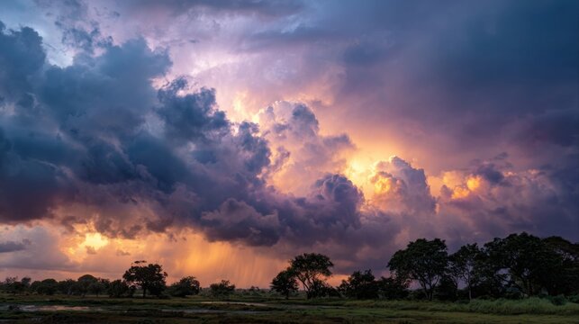 dramatic colorful storm clouds over field