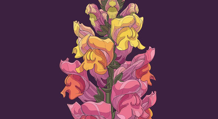 Stylized snapdragon blossoms bloom against a dark purple background