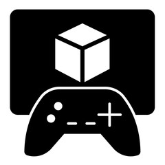 Screen with brand and game joystick solid icon, data hoarding concept. Vector graphics. Games library sign on white background, style icon mobile or web design.