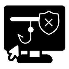 Display of unsecure connection solid icon, data safety concept. Vector graphics. Fraud hook screen and mouse cursor sign on white background, style icon mobile or web design.
