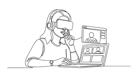 Line drawing of woman wearing vr headset and headphones using laptop for video conference call