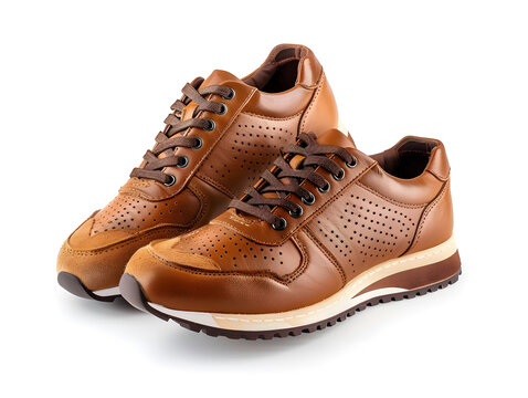 casual brown leather sneakers for men isolated on white background
