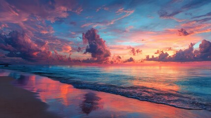vibrant clouds reflecting on ocean beach