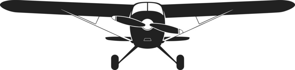 Front view silhouette of small propeller airplane with wings, landing gear, cockpit, aviation design vector illustration for education