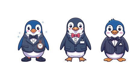 Dapper cartoon penguins dressed in stylish pinstripe suits, perfect for adding a touch of playful sophistication to any project or design, modern chic