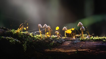 Small brown mushrooms and green moss on decaying log, with spider web, in forest under sunlight, macro, copy space.