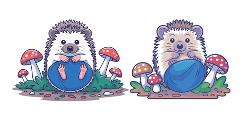 Adorable cartoon hedgehogs nestled amongst whimsical mushrooms bring a touch of forest magic and playful charm to any project.