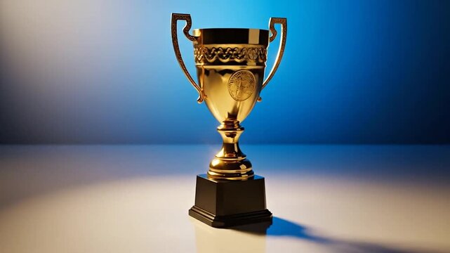 Shining golden award trophy symbolizing exceptional success, ultimate victory, and prestigious recognition on a radiant gradient blue background