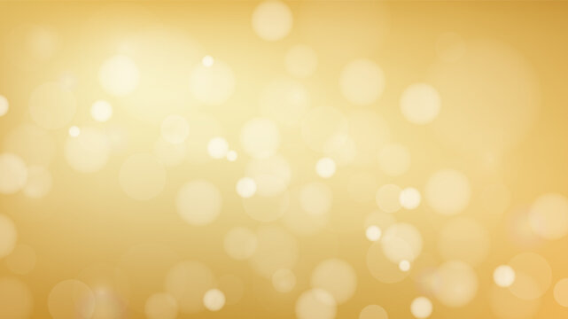 Abstract golden background with circle bokeh lights. Blank blurred monochrome banner back of gold gradient color. Vector horizontal HD template, holiday poster, flyer or party invitation backdrop.