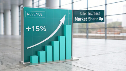"Dynamic teal 3D bar chart illustration with motion light effects, arrow glowing with ‘Business Growth’, ‘Market Uptrend’, and ‘Success +20%’ text. Financial analytics concept. Transparent PNG render.