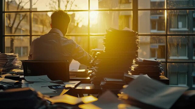 Office worker at desk with paper stack and document clutter, messy desk stress and deadline pressure under sunset light, lonely silhouette