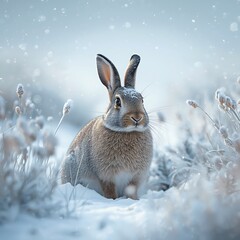 Peaceful Rabbit in Snow with Falling Winter Flakes