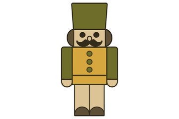 Wooden nutcracker figure dressed in military style with a tall hat and a mustache on a simple background