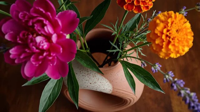 Vase of Bright Flowers Arranged on a Wooden Table