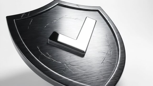 A close-up of a metallic shield with a chrome check mark emblem. The shield has subtle engraved patterns and reflects light, symbolizing protection and security.