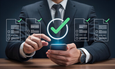Professional businessman approves tasks digitally on smartphone with modern checklist interface