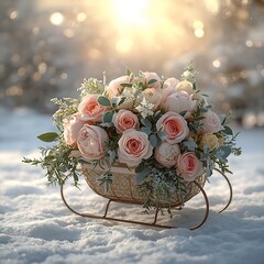 Woven Sleigh with Roses in Glowing Snowy Scene