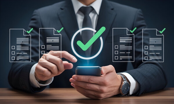 Professional businessman approves tasks digitally on smartphone with modern checklist interface