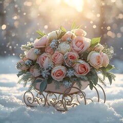 Vintage Sleigh with Roses in Sunlit Snowy Forest