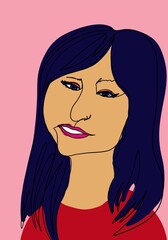 Colorful portrait of a woman with long hair on a bright pink background showcasing unique artistic style and expression