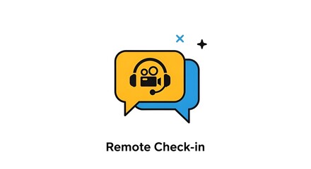 Icon illustration of video camera with headset inside yellow and blue chat bubbles on white background