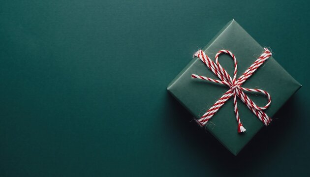 Wrapped gift box on dark green background with red and white twine bow.