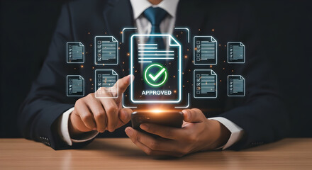 Business professional approving digital documents on smartphone with glowing checklist icons