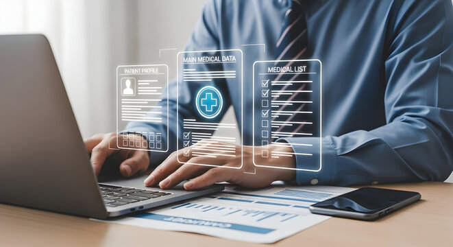 Professional manages digital medical records on laptop, enhancing healthcare efficiency