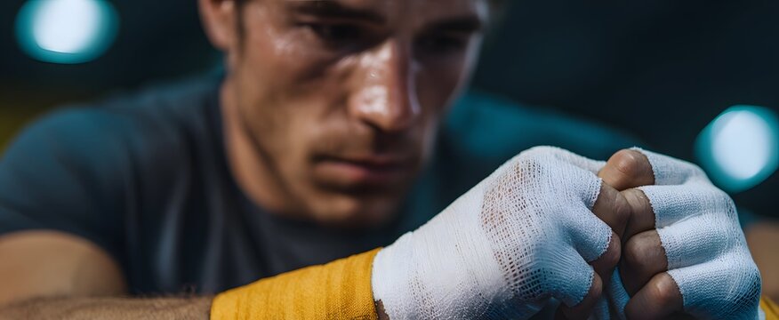 The boxer wraps his hands with tape feeling focused and ready for intense training.