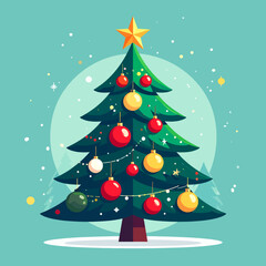 Obraz premium Vibrant festive Christmas tree illustration with golden and red ornaments, topped with a bright star, perfect for holiday greetings and seasonal designs showcasing joyful winter celebrations